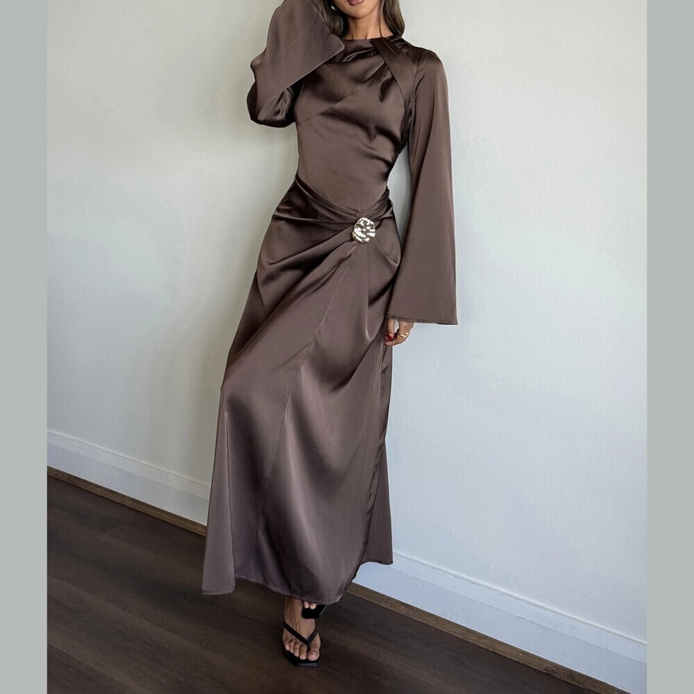 Brown Satin Draped Brooch Gathered Waist Bell Sleeve Maxi Dress